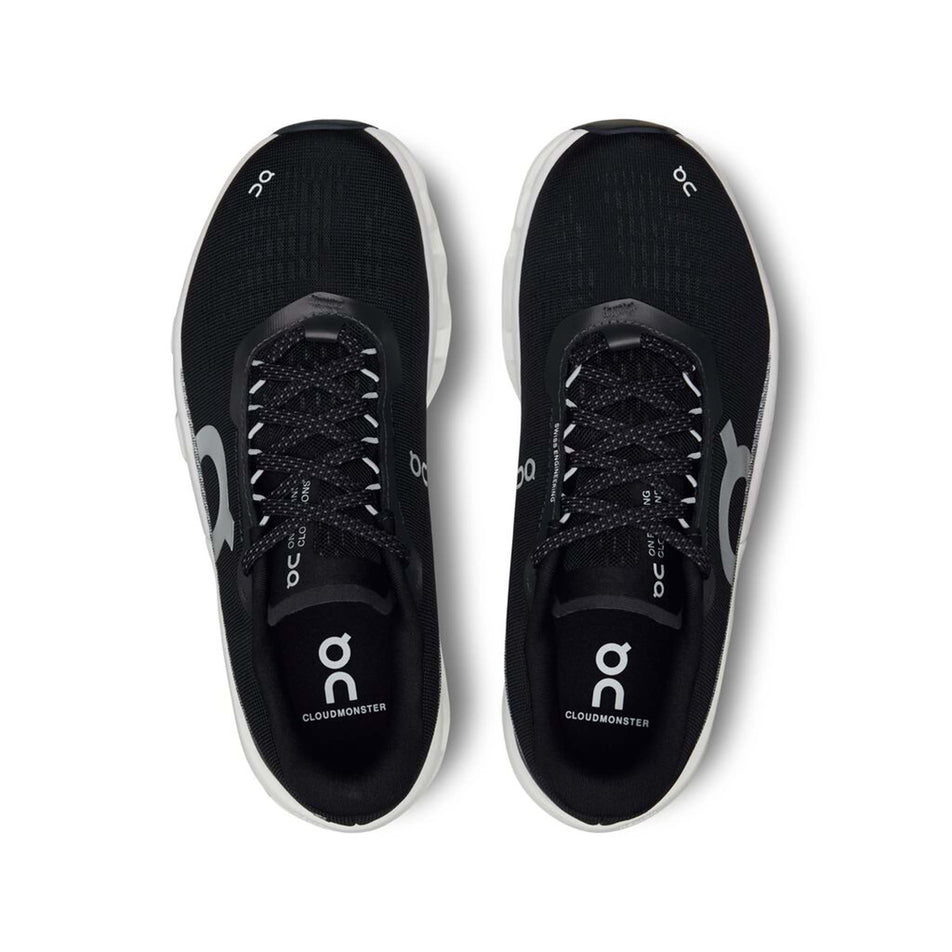 The uppers on a pair of On Women's Cloudmonster 2 Running Shoes in the Black/Frost colourway (8185896599714)