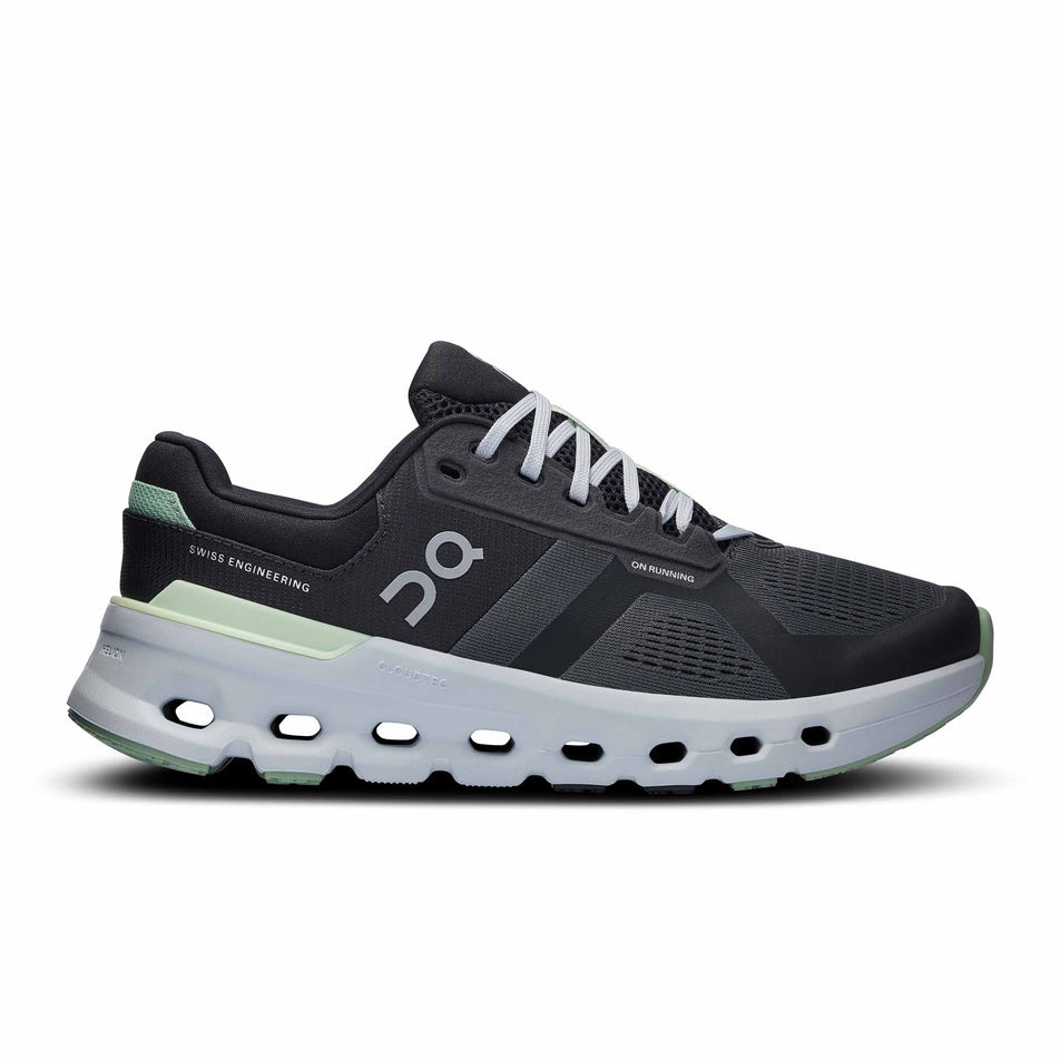 Lateral side of the right shoe from a pair of On Women's Cloudrunner 2 Running Shoes in the Shadow/Lima colourway (8444668379298)