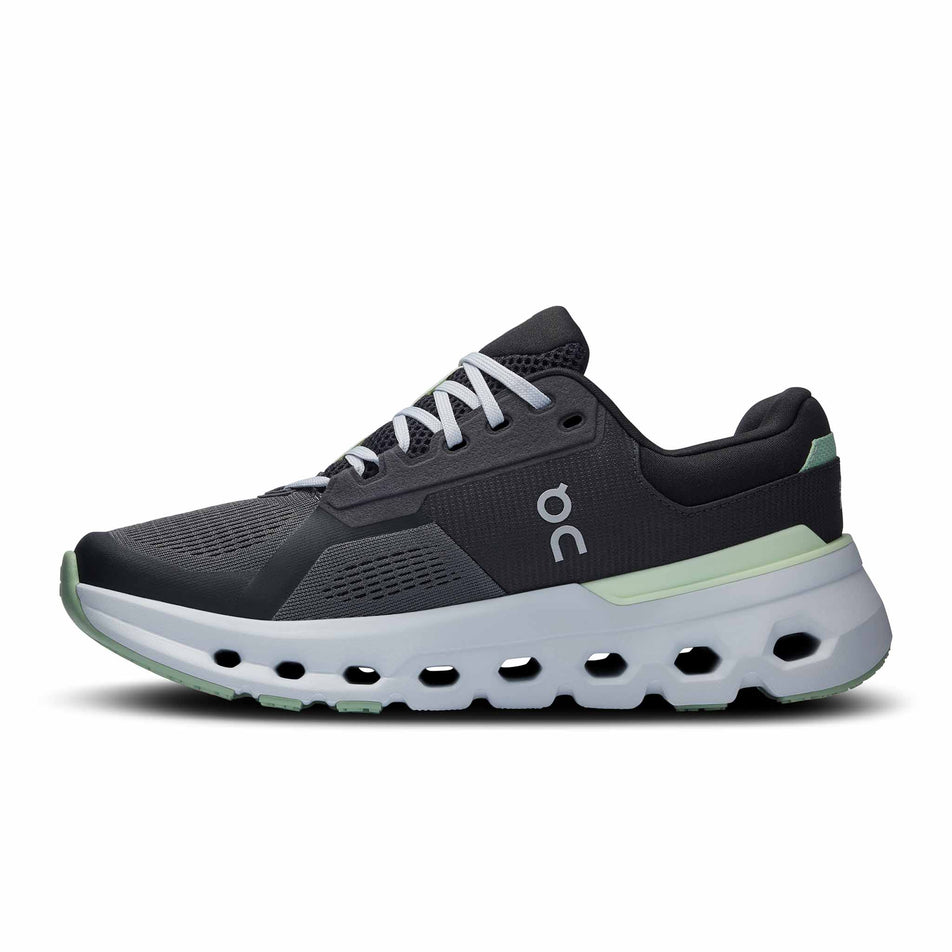 Medial side of the right shoe from a pair of On Women's Cloudrunner 2 Running Shoes in the Shadow/Lima colourway (8444668379298)