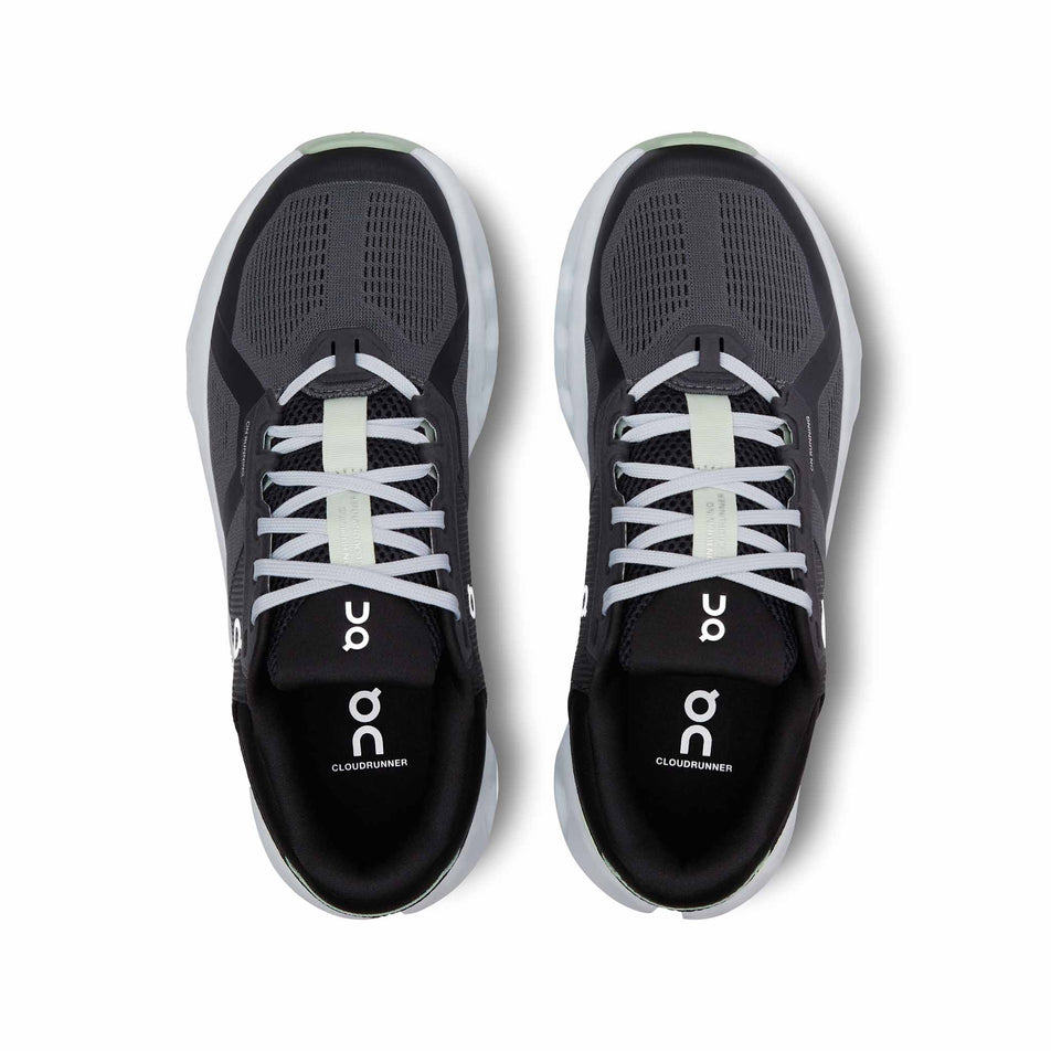 The uppers on a pair of On Women's Cloudrunner 2 Running Shoes in the Shadow/Lima colourway (8444668379298)