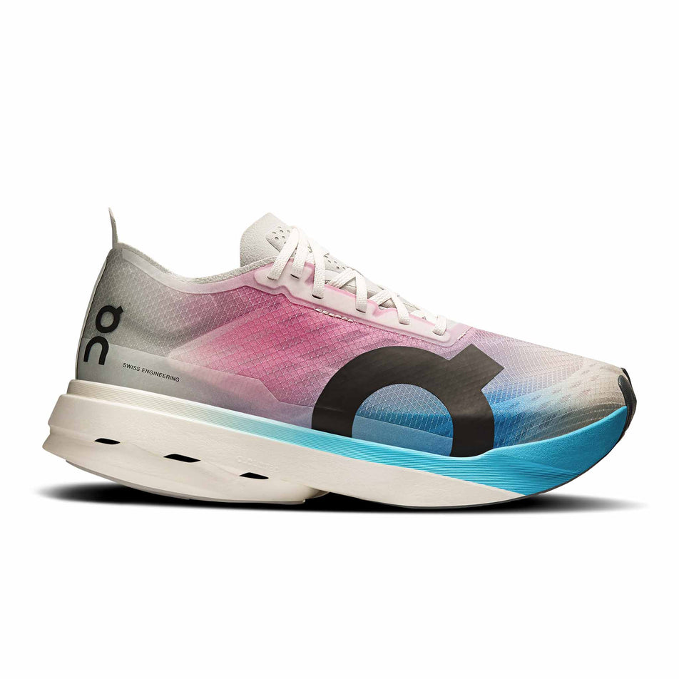 Lateral view of the right shoe from a pair of On Women's Cloudboom Strike Running Shoes in the White/Horizon colourway. (8714514890914)