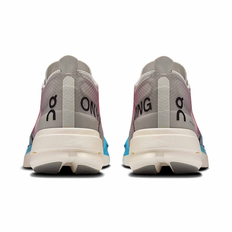 The back of a pair of On Women's Cloudboom Strike Running Shoes in the White/Horizon colourway. (8714514890914)