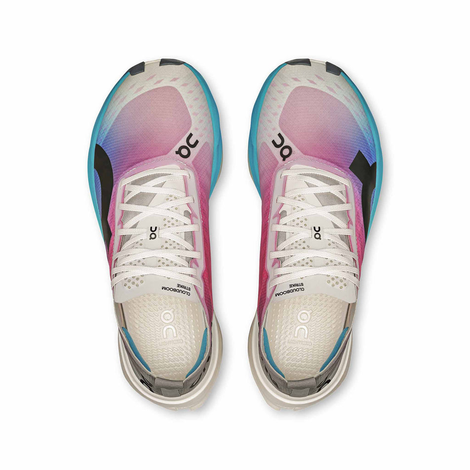 The uppers of a pair of On Women's Cloudboom Strike Running Shoes in the White/Horizon colourway. (8714514890914)