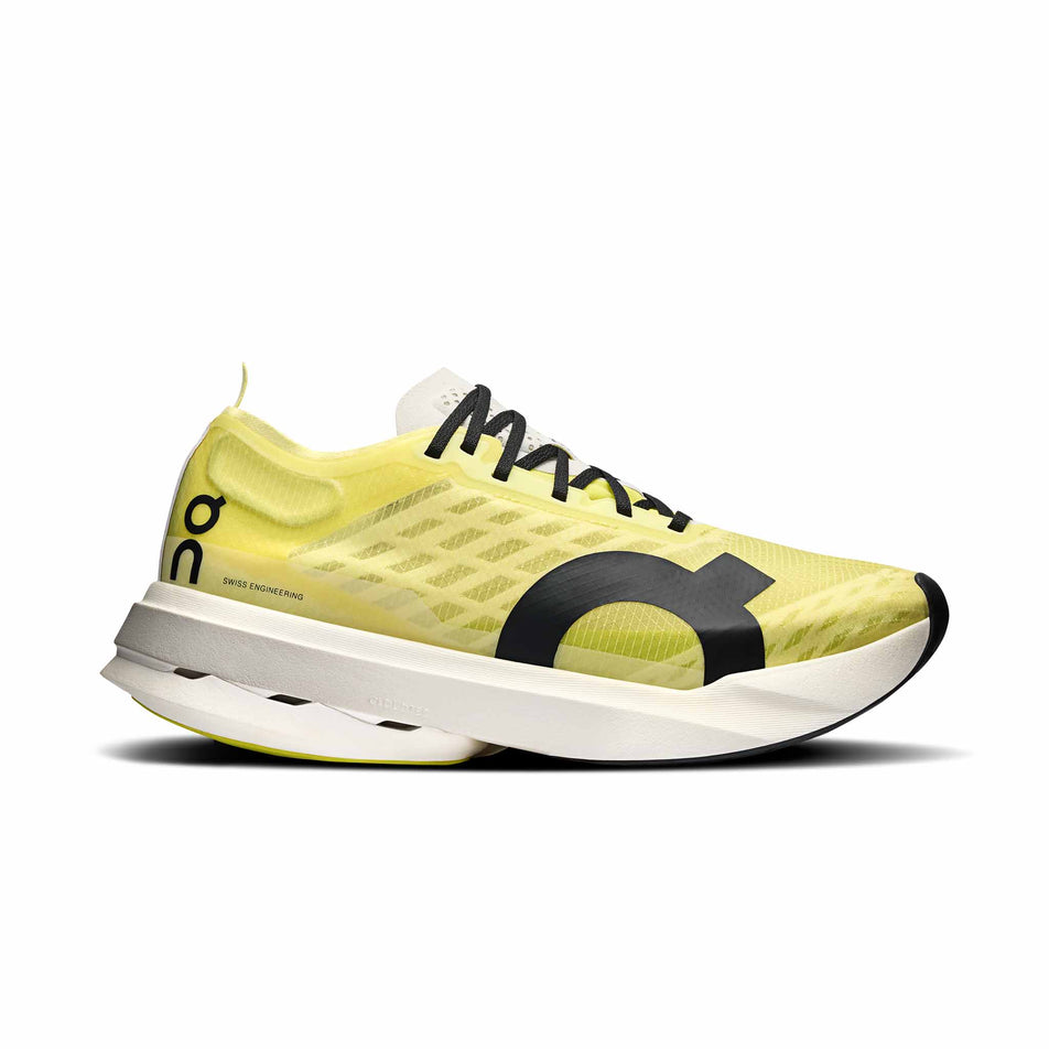 Lateral view of the right shoe from a pair of On Women's Cloudboom Strike Running Shoes in the Limelight/Wolf colourway. (8577861386402)