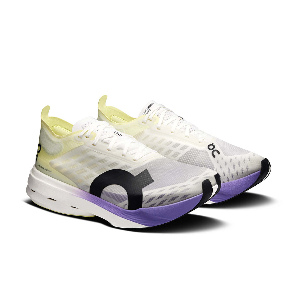 A pair of On Women's Cloudboom Strike Running Shoes in the Juniper/Limelight colourway.