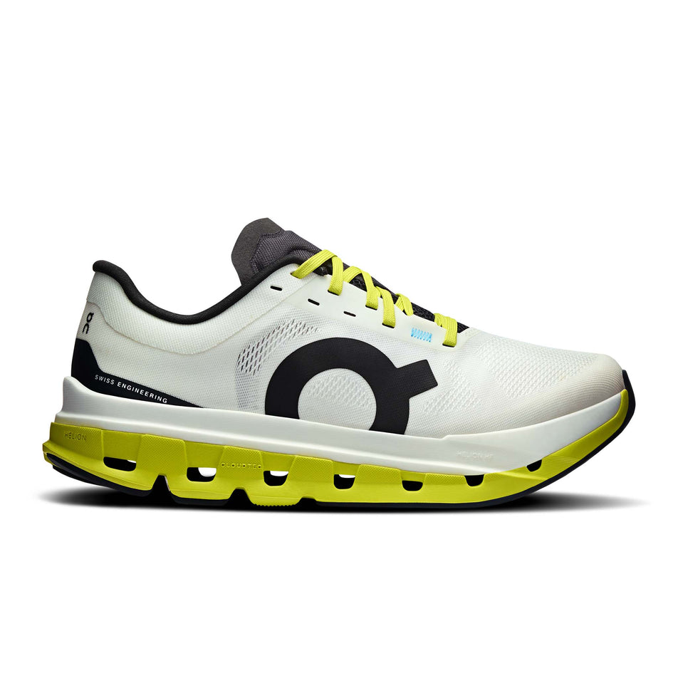 Lateral view of the right shoe from a pair of On Women's Cloudflow 5 Running Shoes in the White/Lime colourway. (8714984226978)