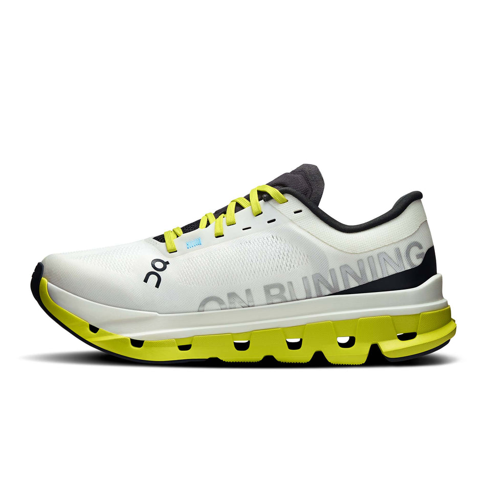 Medial view of the right shoe from a pair of On Women's Cloudflow 5 Running Shoes in the White/Lime colourway. (8714984226978)