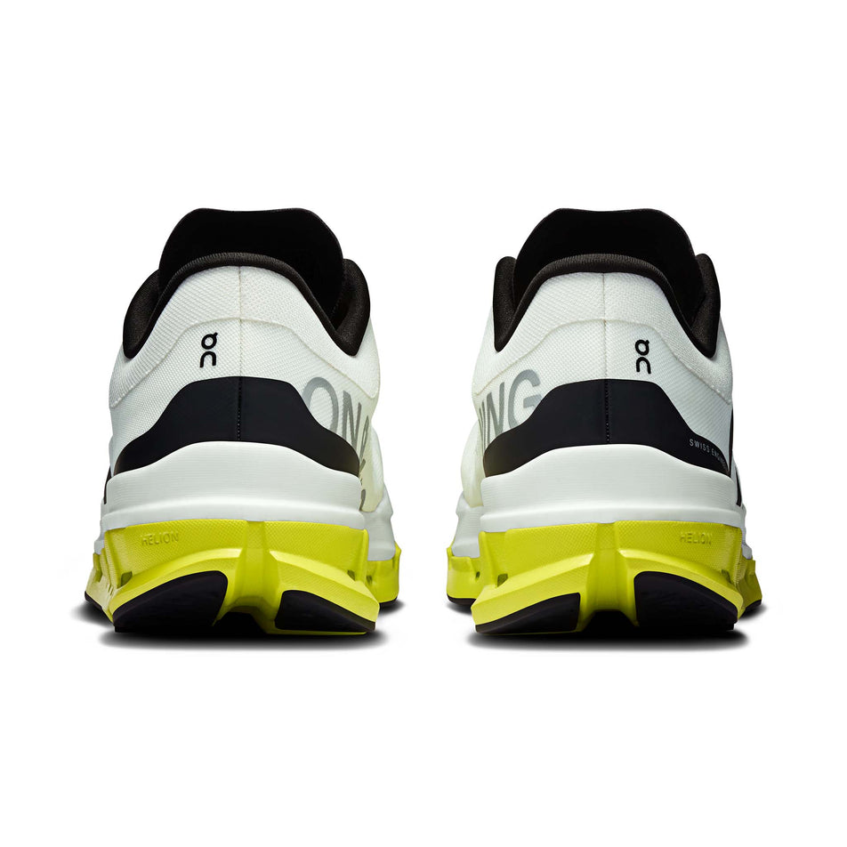 The back of a pair of On Women's Cloudflow 5 Running Shoes in the White/Lime colourway. (8714984226978)