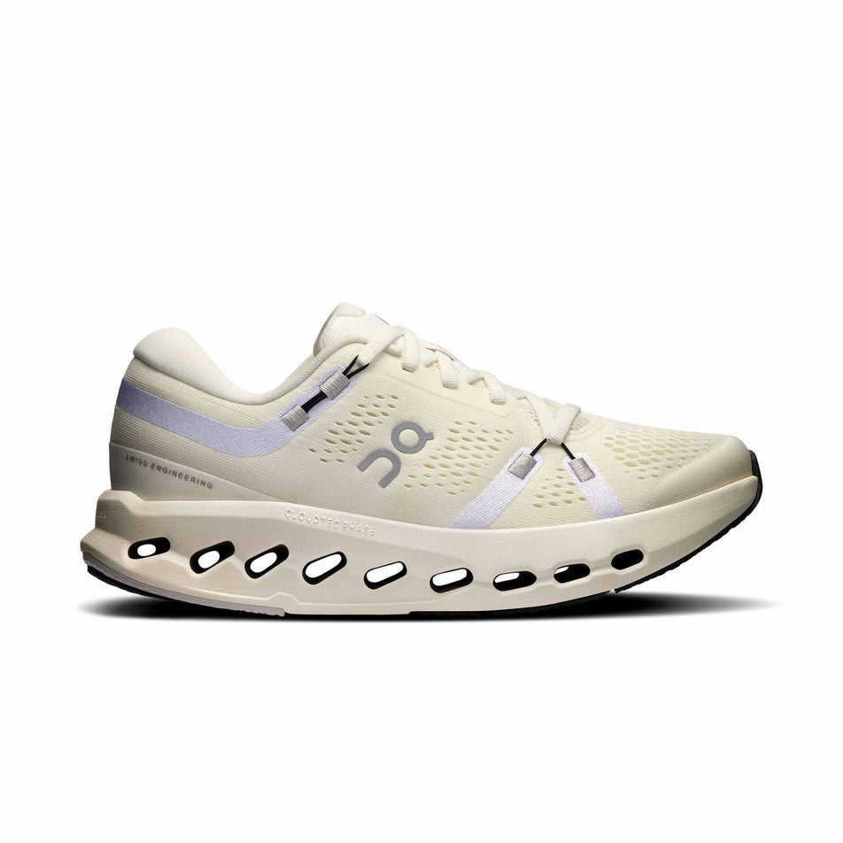 Lateral view of the right shoe from a pair of On Women's Cloudsurfer 2 Running Shoes in the Ivory/Ivory colourway. (8577866334370)