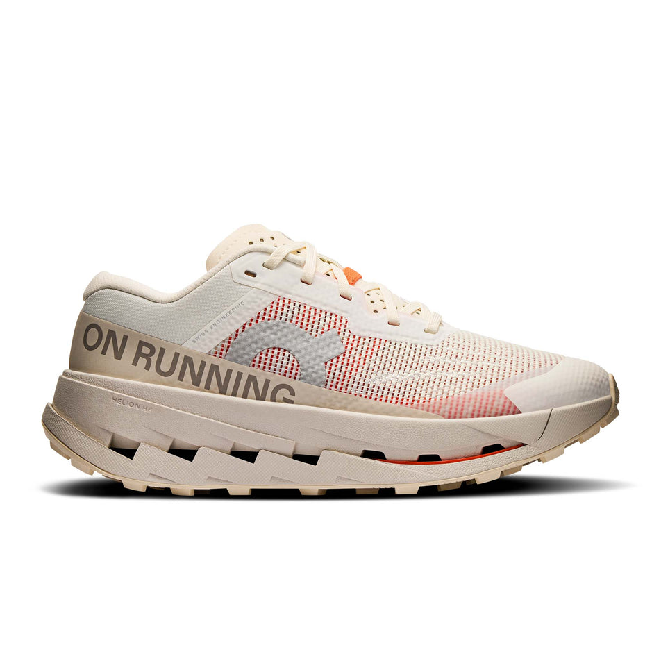 Lateral view of the right shoe from a pair of On Women's Cloudultra 3 Running Shoes in the Ivory/Pearl colourway. (8714544251042)