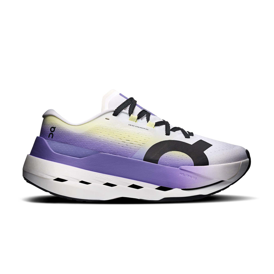 Lateral view of the right shoe from a pair of On Women's Cloudboom Max Running Shoes in the White/Juniper colourway.