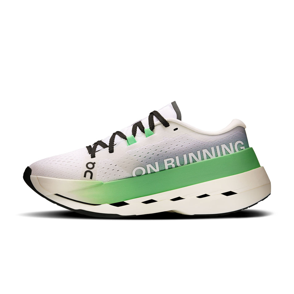 Medial view of the right shoe from a pair of On Women's Cloudboom Max Running Shoes in the Honeydrew/Lilac colourway. (8714923344034)