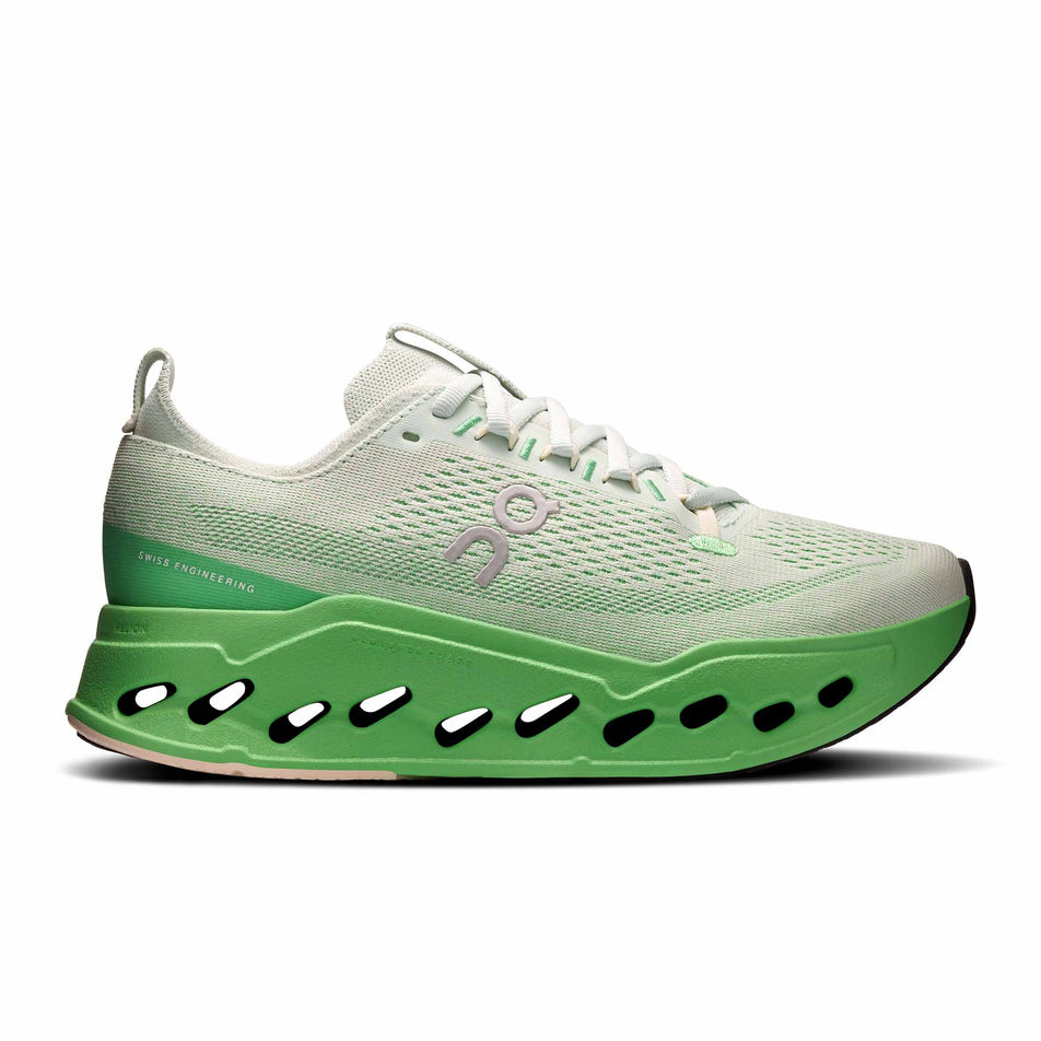 Lateral view of the right shoe from a pair of On Women's Cloudsurfer Max Running Shoes in the Mineral/Honeydew colourway. (8714525474978)