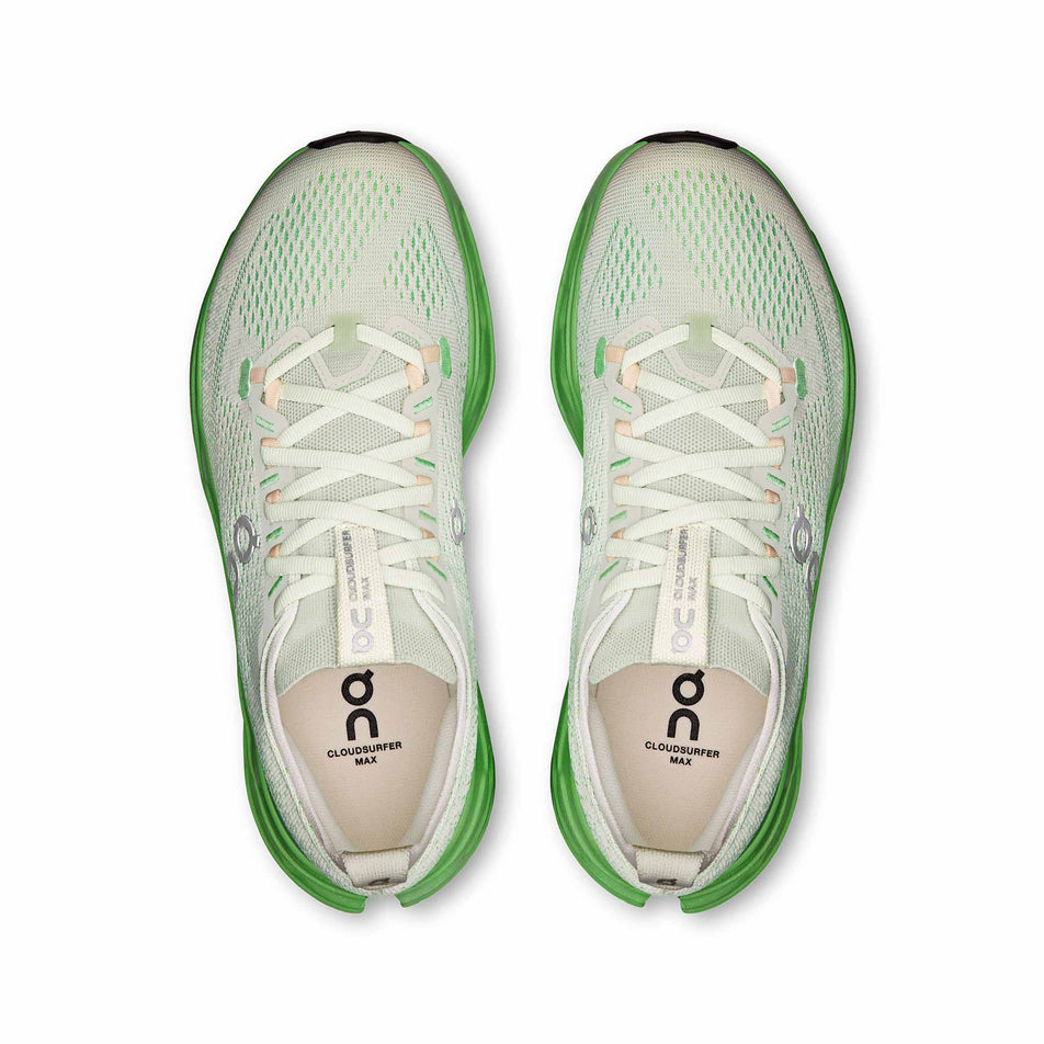 The uppers of a pair of On Women's Cloudsurfer Max Running Shoes in the Mineral/Honeydew colourway. (8714525474978)