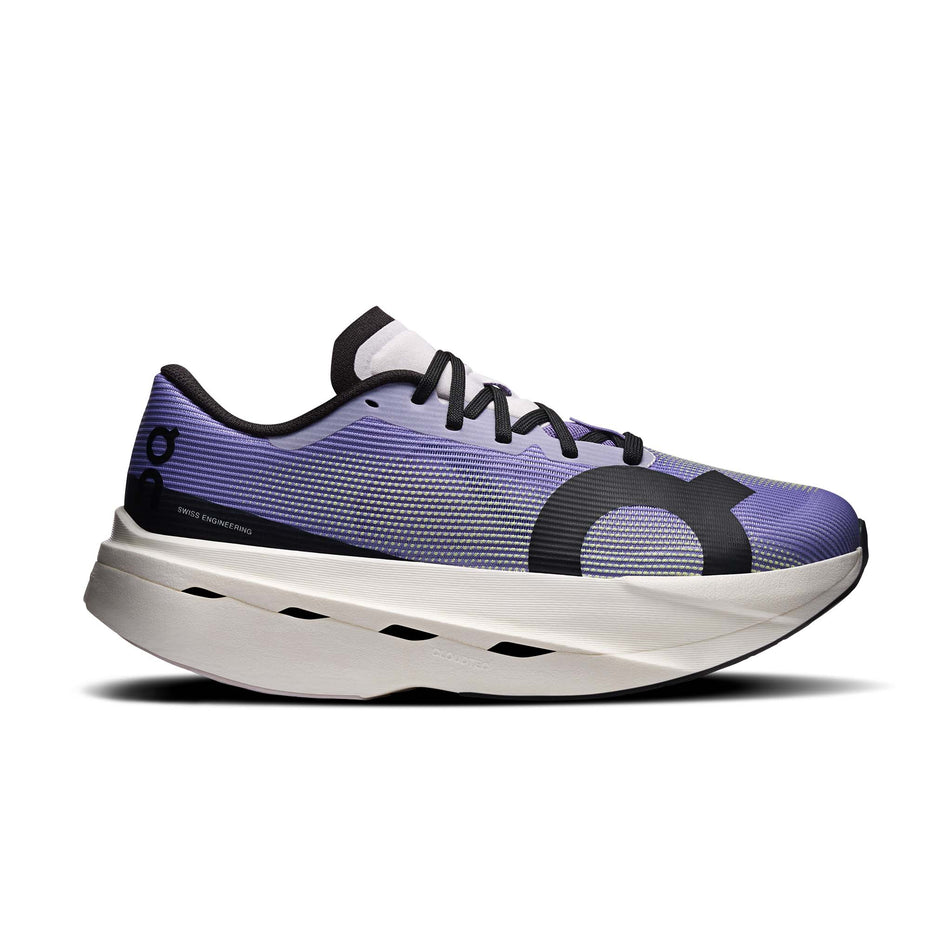 Lateral view of the right shoe from a pair of On Women's Cloudboom Volt Running Shoes in the Juniper/Limelight colourway.
