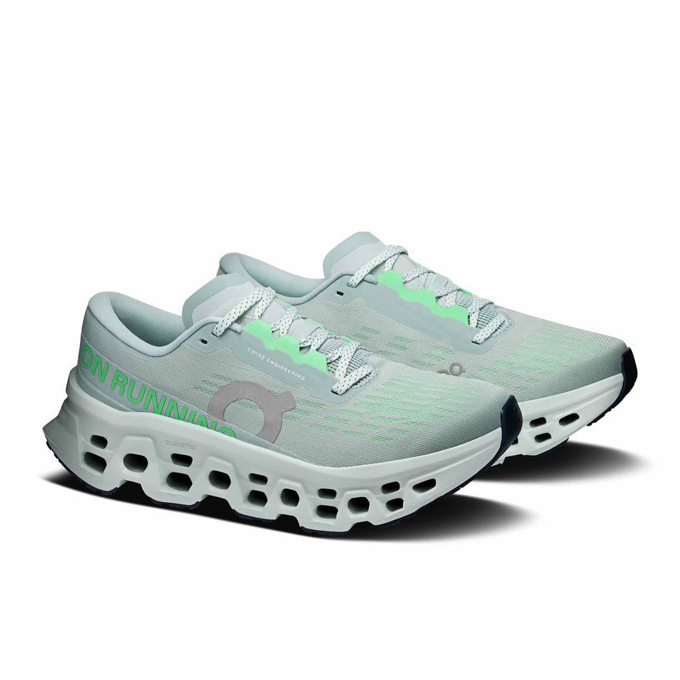 A pair of On Women's Cloudmonster 3 Running Shoes in the Brook/Flurry colourway.