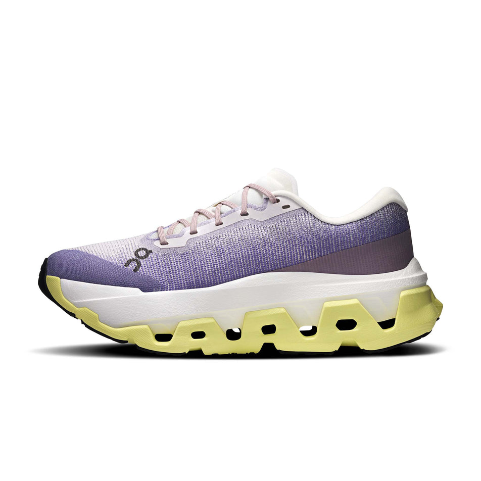 Medial view of the right shoe from a pair of On Women's Cloudmonster 3 Hyper Running Shoes in the Lily/Limelight colourway.