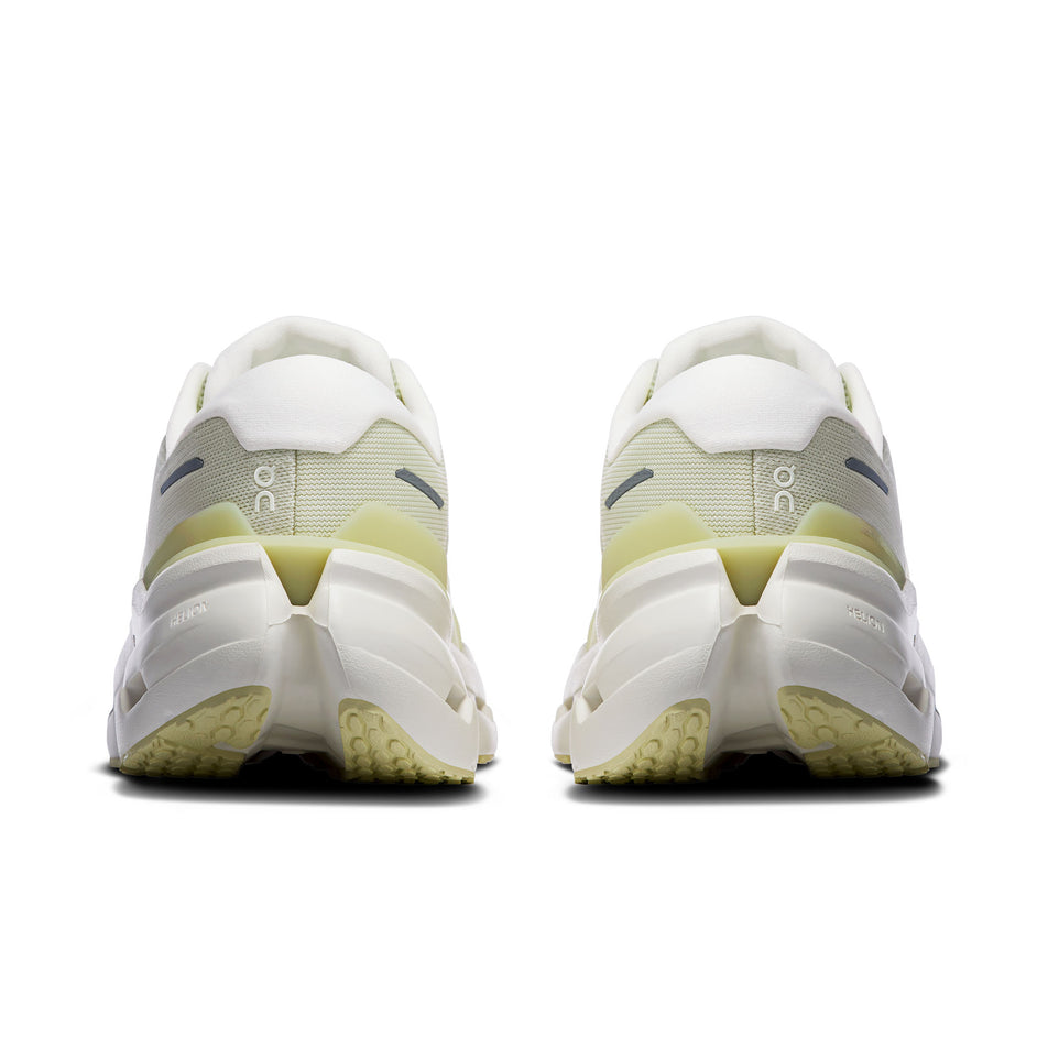 The back of a pair of On Women's Cloudrunner 3 Running Shoes in the Seedling/Ivory colourway.