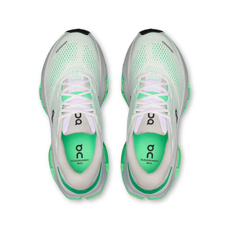 The uppers of a pair of On Women's Cloudrunner Max Running Shoes in the White/Verdite colourway.