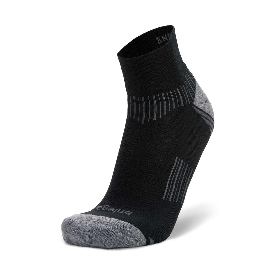The left sock from a pair of Balega Unisex Enduro Quarter Running Socks in the Black/Grey colourway.