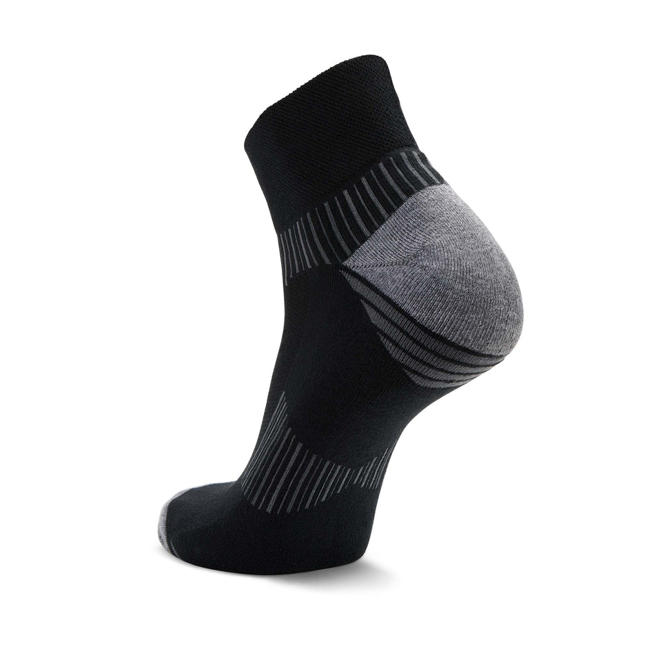 The left sock from a pair of Balega Unisex Enduro Quarter Running Socks in the Black/Grey colourway.