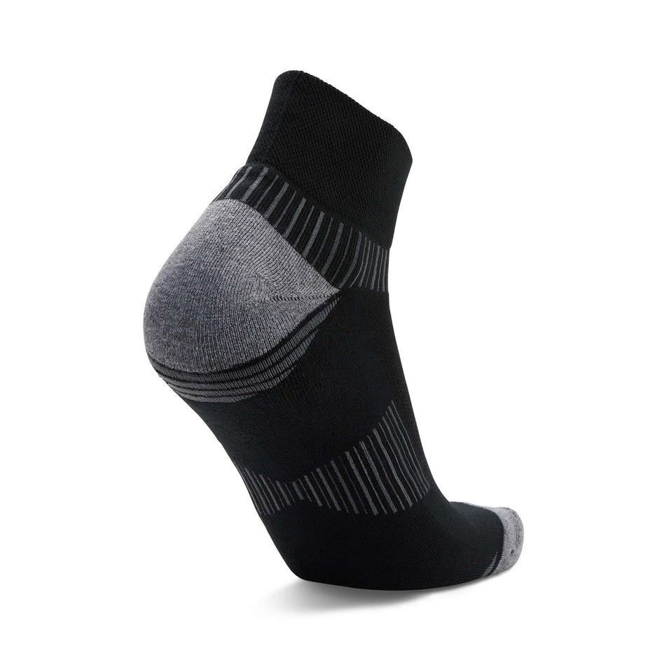 The left sock from a pair of Balega Unisex Enduro Quarter Running Socks in the Black/Grey colourway.