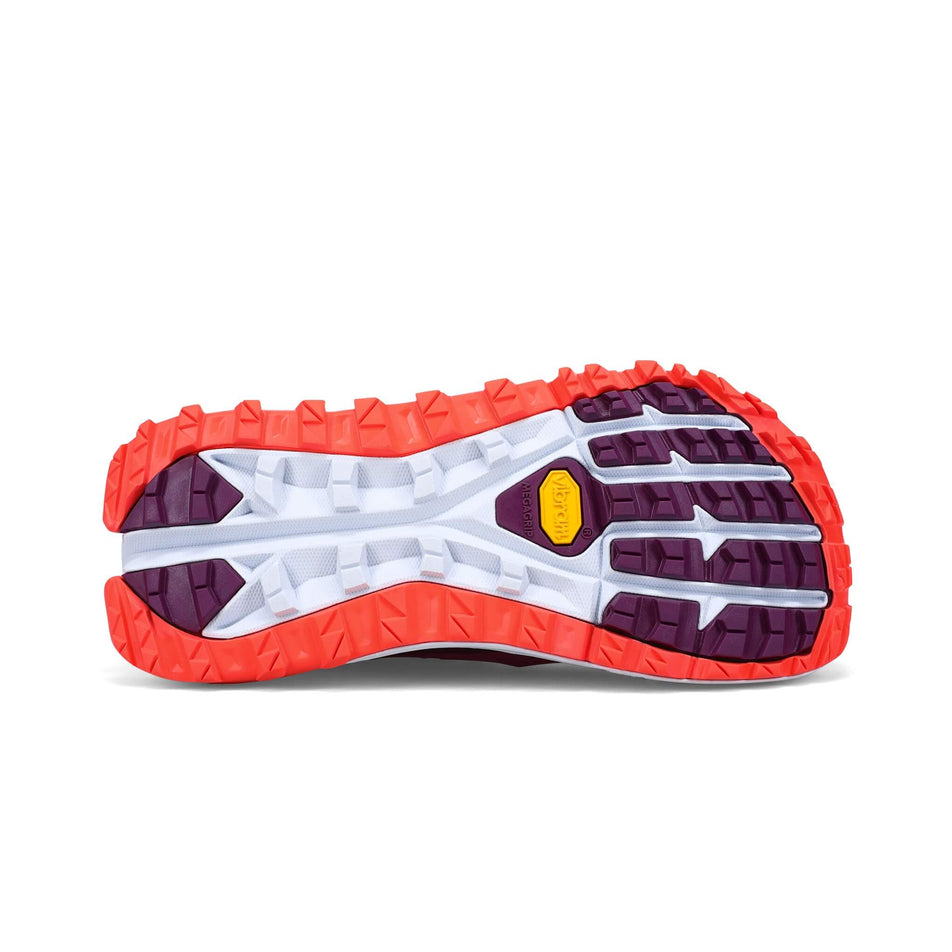 Outsole of the right shoe from a pair of Altra Women's Olympus 5 Running Shoes in the Purple/Orange colourway (7980628246690)