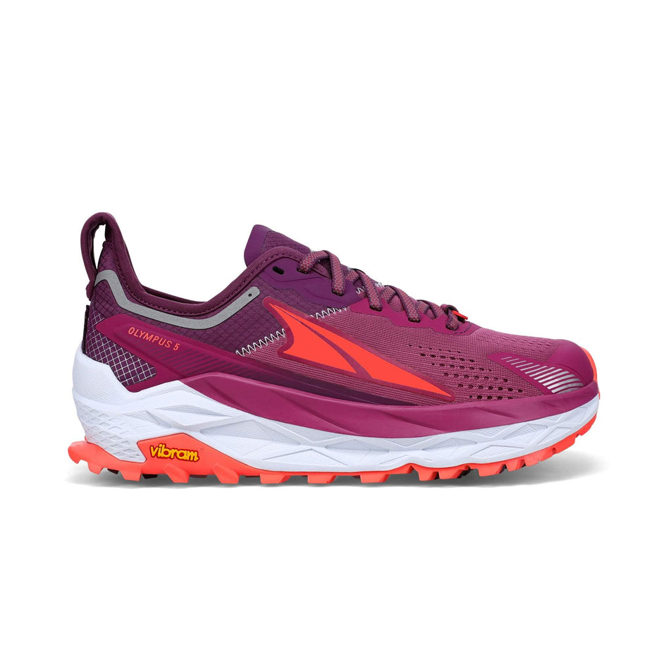 Lateral side of the right shoe from a pair of Altra Women's Olympus 5 Running Shoes in the Purple/Orange colourway (7980628246690)