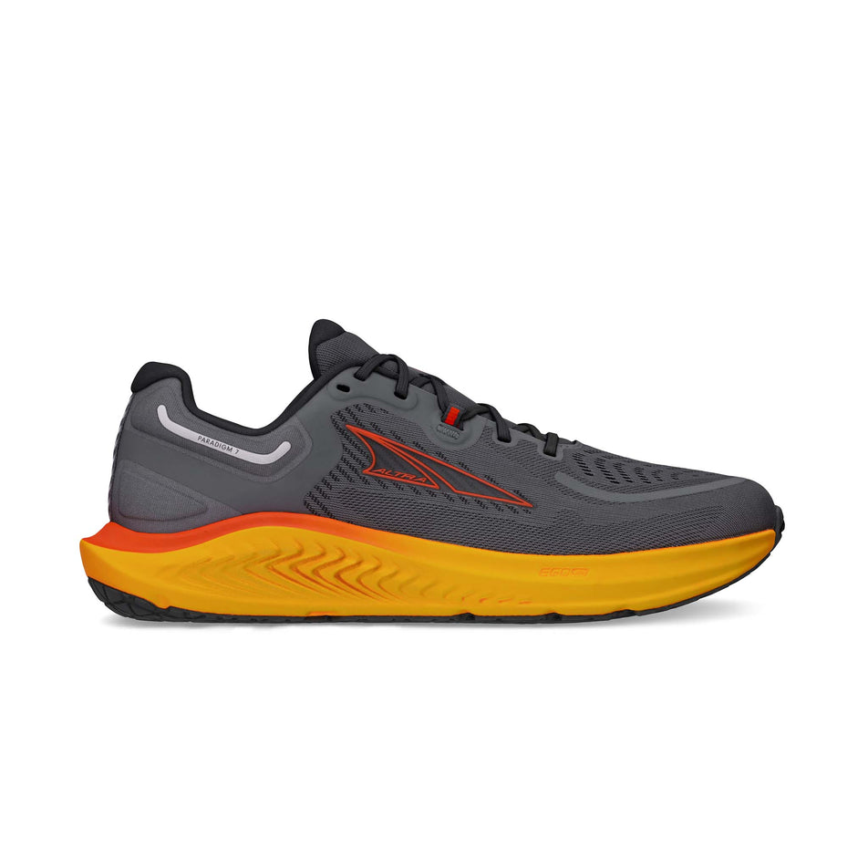 Lateral side of the right shoe from a pair of Altra Men's Paradigm 7 Running Shoes in the Gray/Orange colourway. (8579787423906)