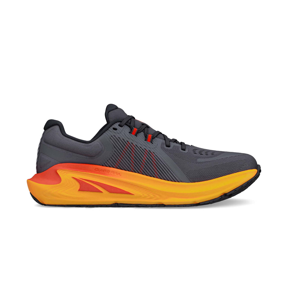 Medial side of the right shoe from a pair of Altra Men's Paradigm 7 Running Shoes in the Gray/Orange colourway. (8579787423906)