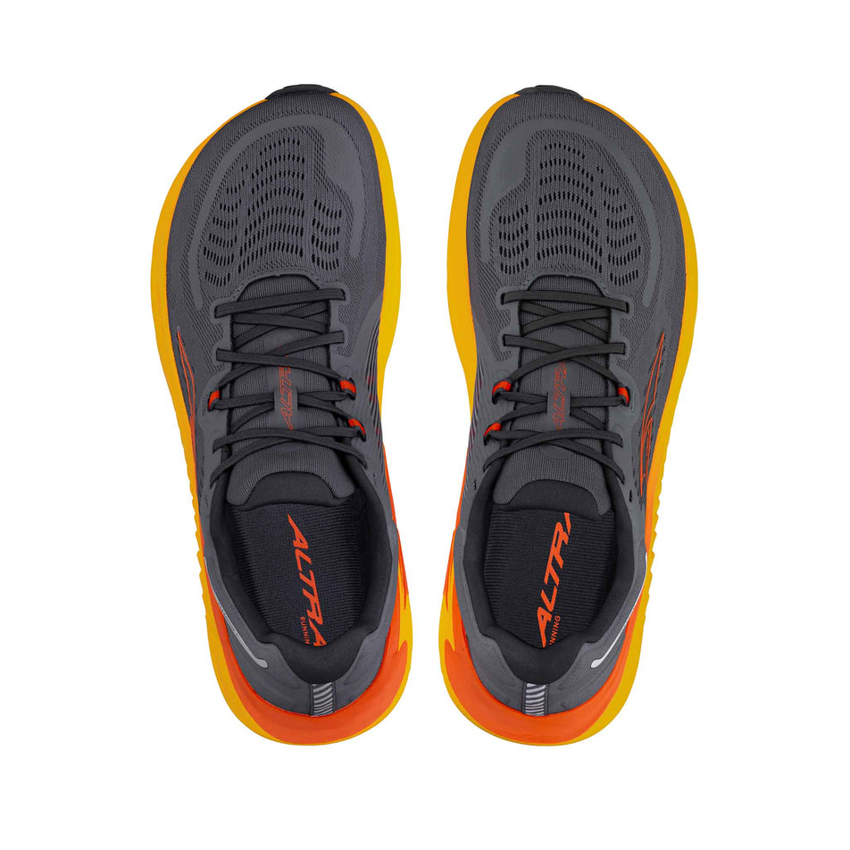 The uppers on a pair of Altra Men's Paradigm 7 Running Shoes in the Gray/Orange colourway. (8579787423906)