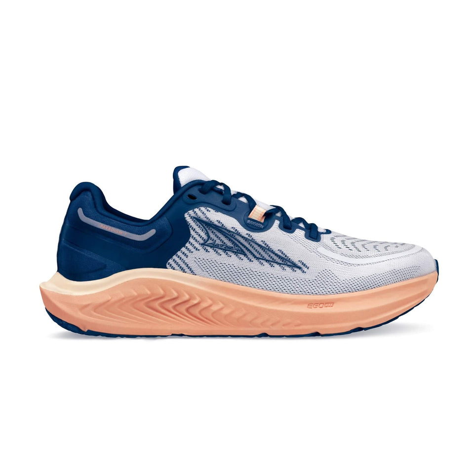 Lateral side of the right shoe from a pair of Altra Women's Paradigm 7 Running Shoes in the White/Navy colourway (8405527888034)