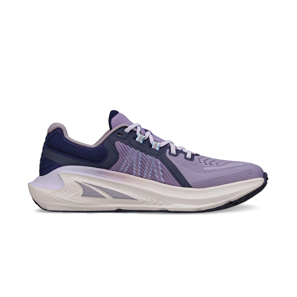Medial side of the right shoe from a pair of Altra Women's Paradigm 7 Running Shoes in the Purple colourway. (8579788767394)