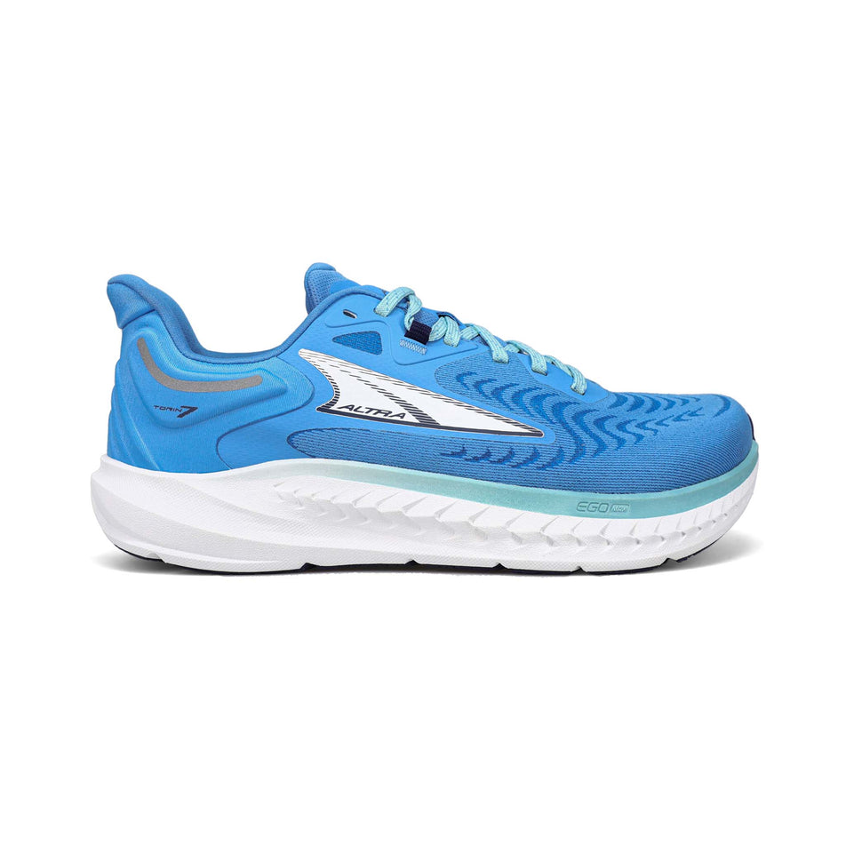 Lateral side of the right shoe from a pair of Altra Women's Torin 7 Running Shoes in the blue colourway (7935882068130)