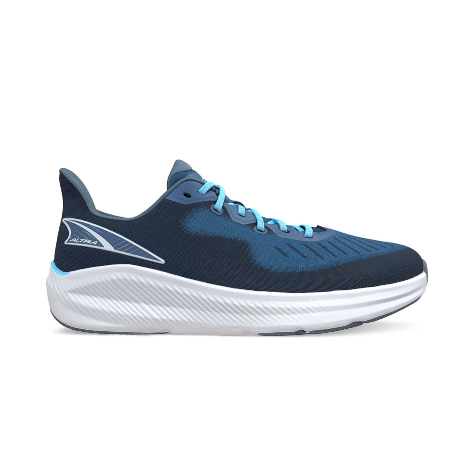 Lateral side of the right shoe from a pair of Altra Men's Experience Form Running Shoes in the Navy/Light Blue colourway. (8562829492386)
