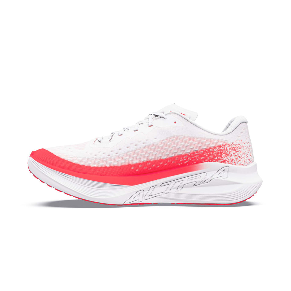 Medial view of the right shoe from a pair of Altra Men's Vanish Tempo 2 in the White/Fiery Coral colourway.