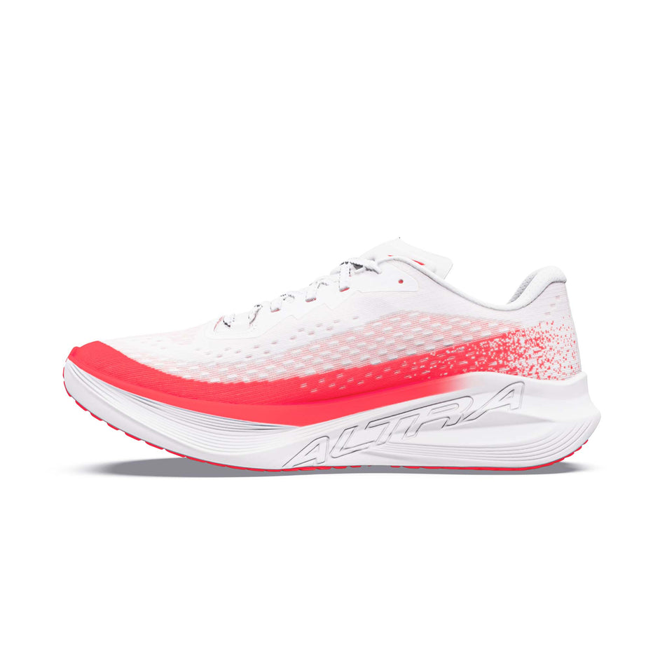 Medial view of the right shoe from a pair of Altra Women's Vanish Tempo 2 in the White/Fiery Coral colourway.