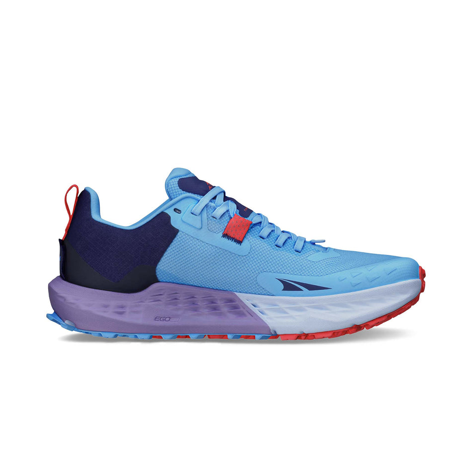 Medial side of the right shoe from a pair of Altra Women's Timp 5 Running Shoes in the Blue colourway. (8579789258914)