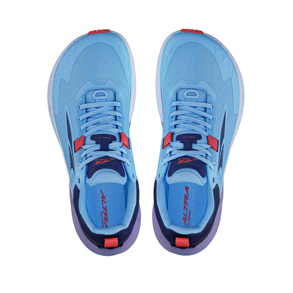 The uppers on a pair of Altra Women's Timp 5 Running Shoes in the Blue colourway. (8579789258914)
