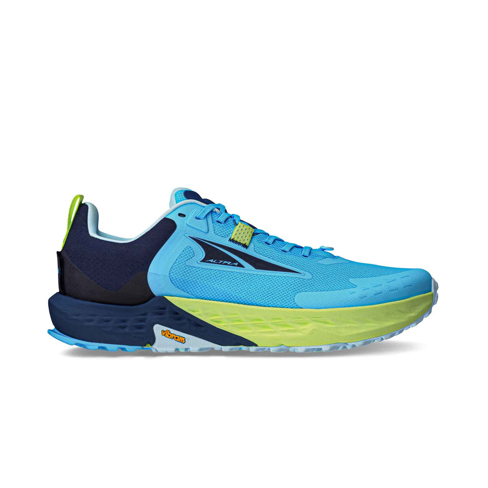 Lateral side of the right shoe from a pair of Altra Men's Timp 5 Running Shoes in the Blue colourway. (8579787980962)
