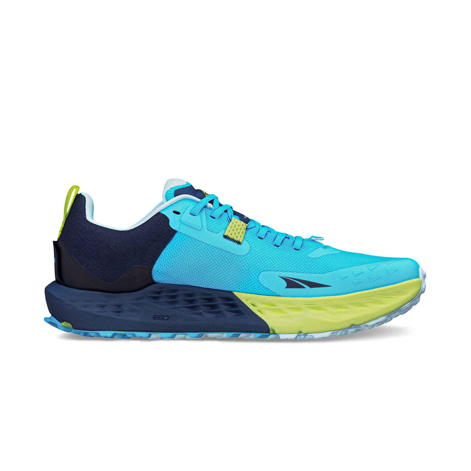 Medial side of the right shoe from a pair of Altra Men's Timp 5 Running Shoes in the Blue colourway. (8579787980962)