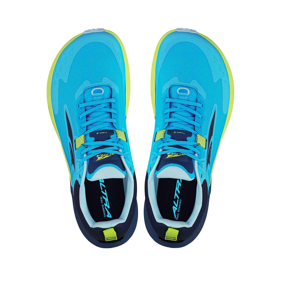 The uppers on a pair of Altra Men's Timp 5 Running Shoes in the Blue colourway. (8579787980962)