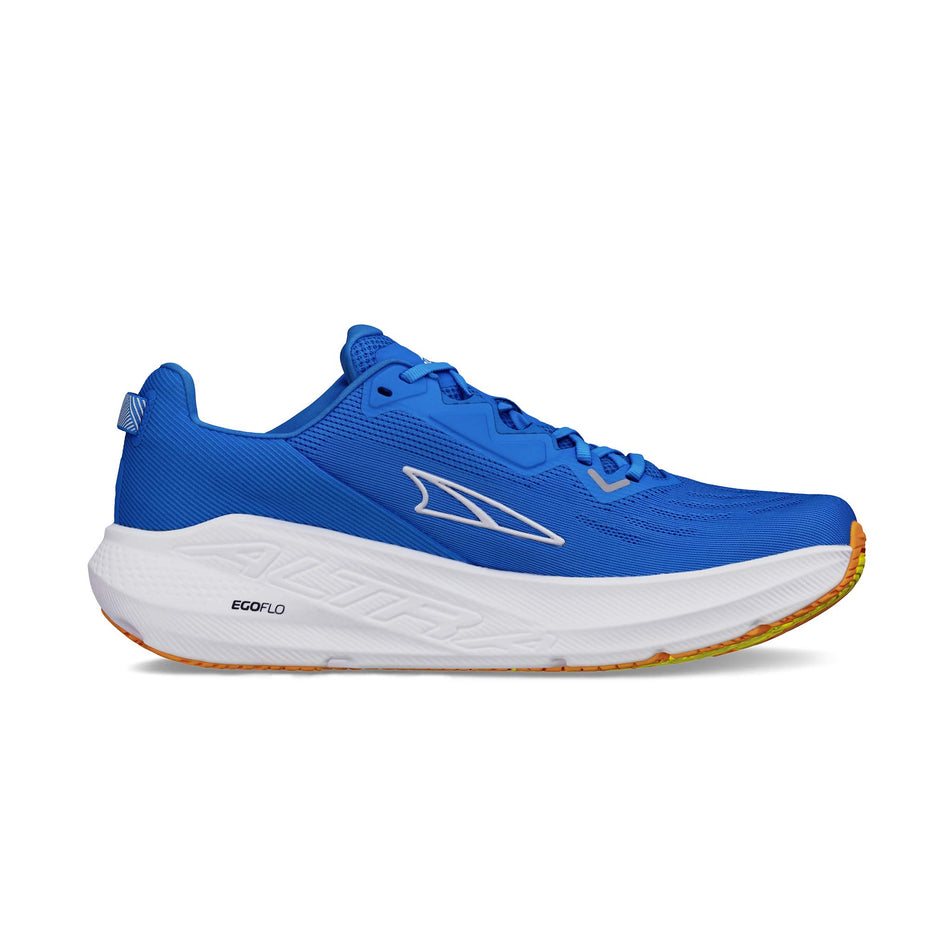 Medial view of the left shoe from a pair of Altra Men's FWD Via Road Running Shoes in the Blue/Yellow colourway. (8679896481954)