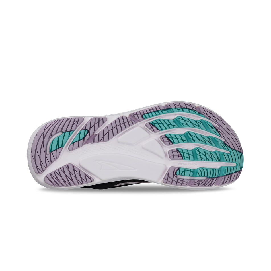 The outsole of the right shoe from a pair of Altra Women's FWD Via Road Running Shoes in the Black/Purple colourway. (8653247316130)
