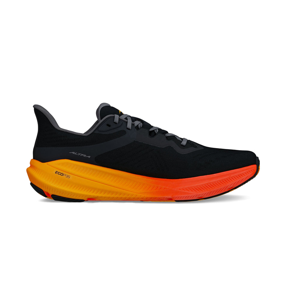 Medial view of the left shoe from a pair of Altra Men's Experience Flow 2 Running Shoes in the Black/Orange colourway. (8723620921506)