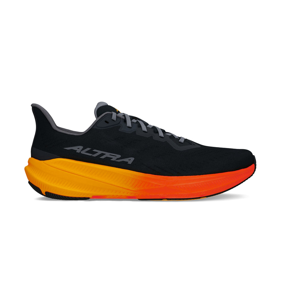 Lateral view of the right shoe from a pair of Altra Men's Experience Flow 2 Running Shoes in the Black/Orange colourway. (8723620921506)