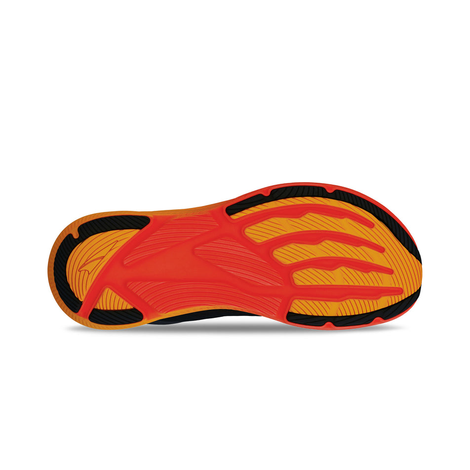 The outsole of the right shoe from a pair of Altra Men's Experience Flow 2 Running Shoes in the Black/Orange colourway. (8723620921506)