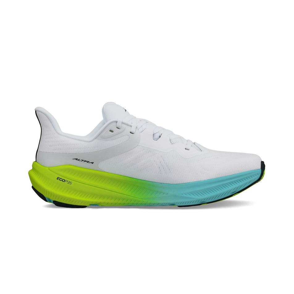 Medial view of the left shoe from a pair of Altra Men's Experience Flow 2 Running Shoes in the White/Lime colourway. (8653235585186)