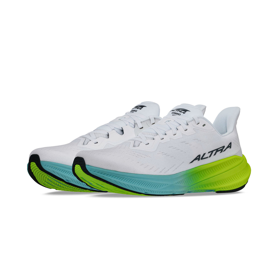 A pair of Altra Men's Experience Flow 2 Running Shoes in the White/Lime colourway. (8653235585186)