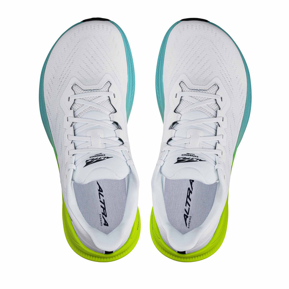 A pair of Altra Men's Experience Flow 2 Running Shoes in the White/Lime colourway. (8653235585186)